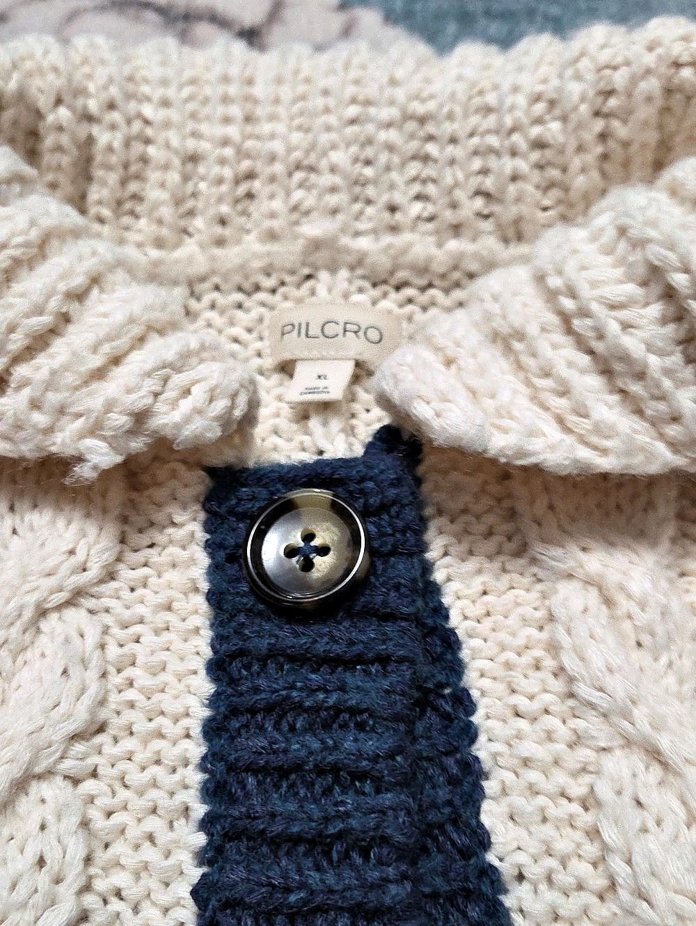 PILCRO Collared Cable-Knit Cardigan Sweater Blue & Cream XL - Picture 2 of 8